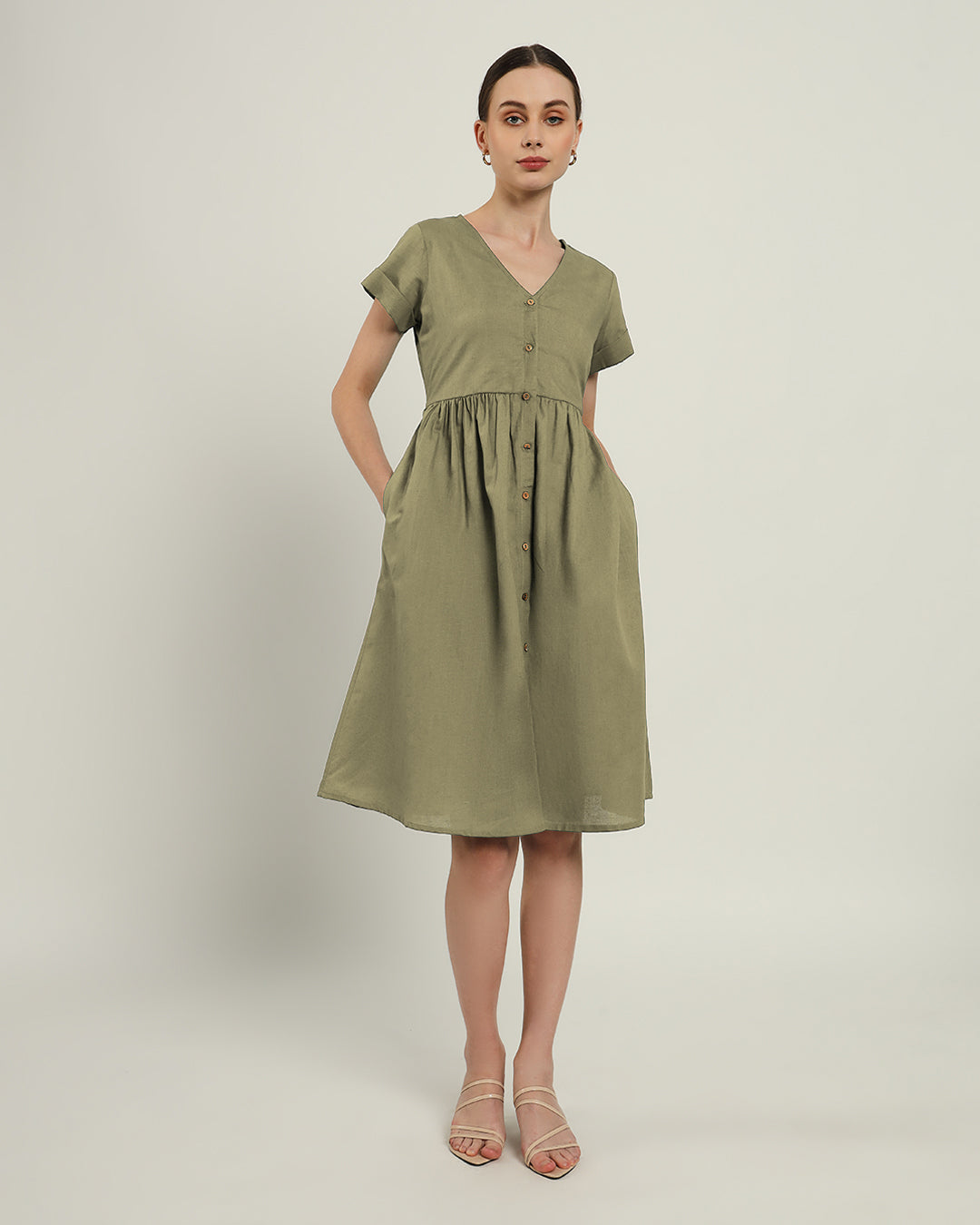 The Valence Daisy Olive Linen Dress