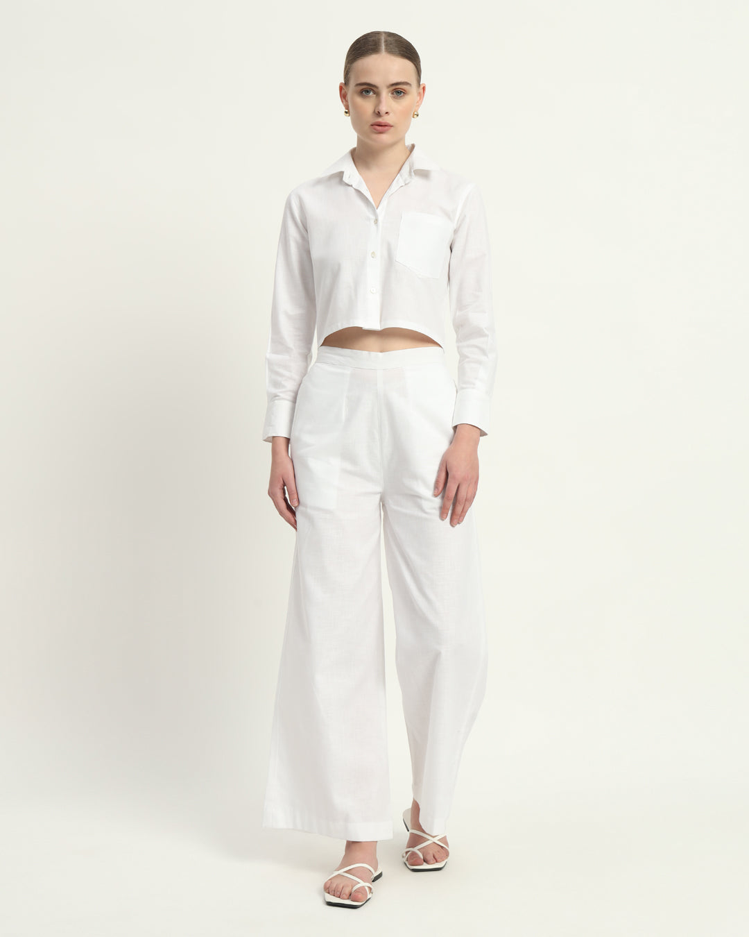 Pants Matching Set-White Crop Shirt Linen