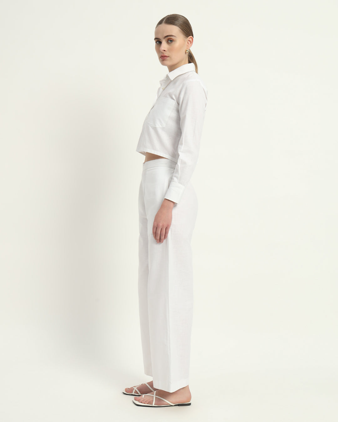 Pants Matching Set-White Crop Shirt Linen
