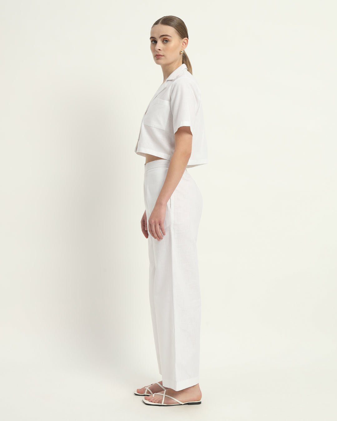 Pants Matching Set- White Vintage Vogue Crop Linen