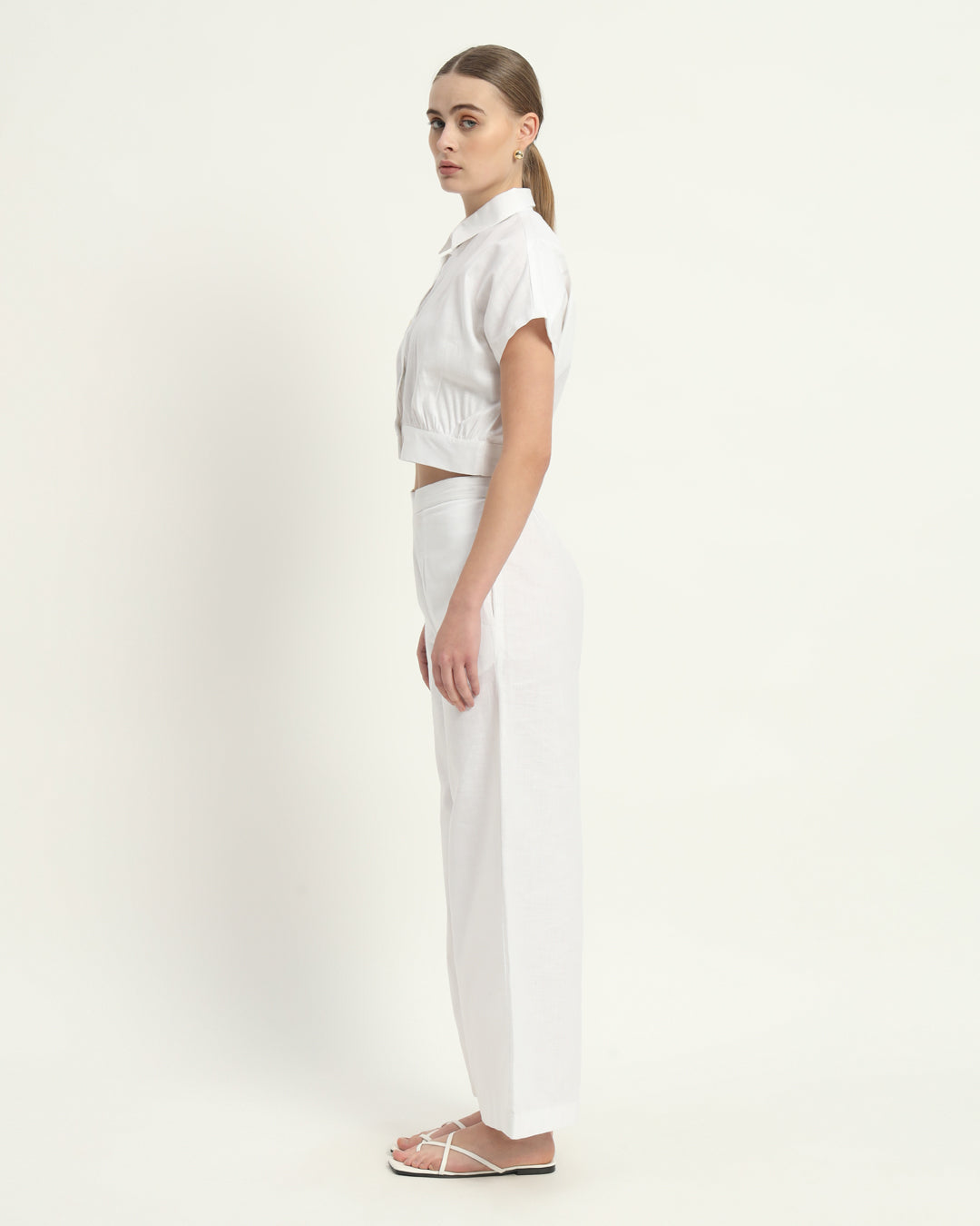 Pants Matching Set- White Chic Crop Linen