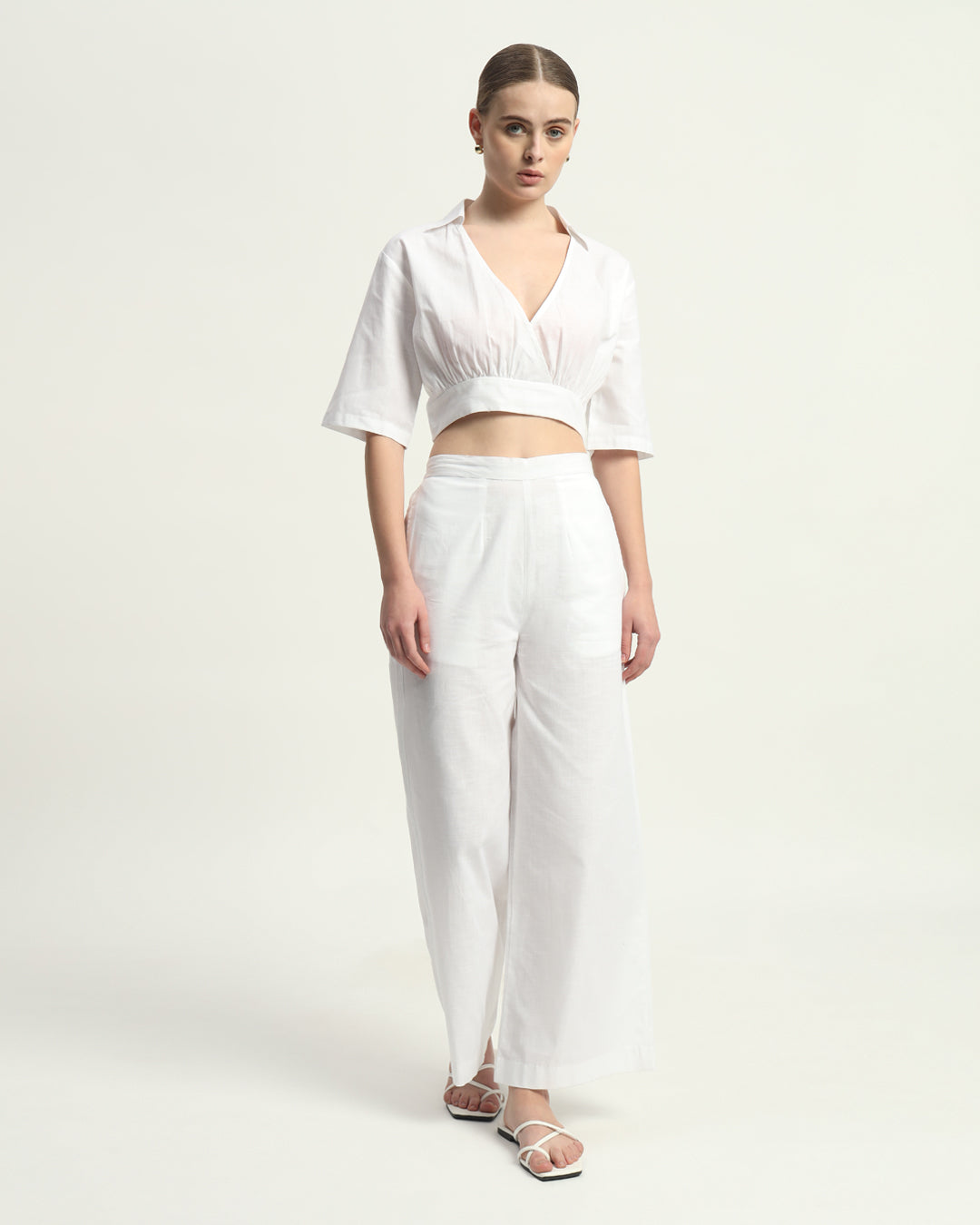 Pants Matching Set- White Linen V Graceful Gathers
