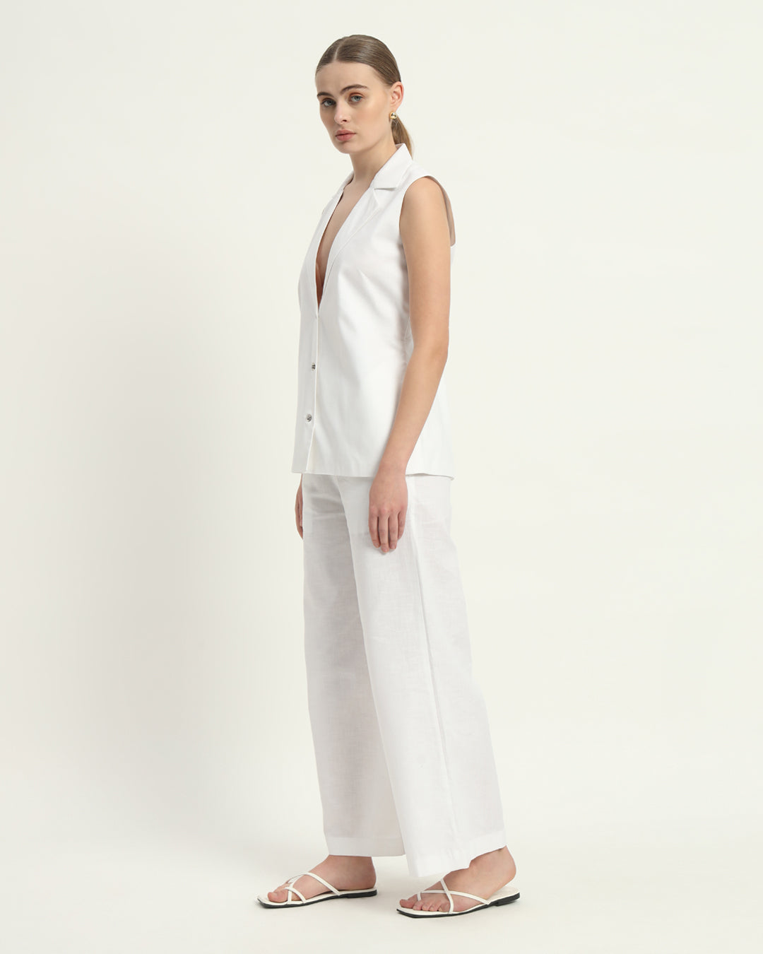 Pants Matching Set- White Linen Elegance Echo V-Neck Blazer