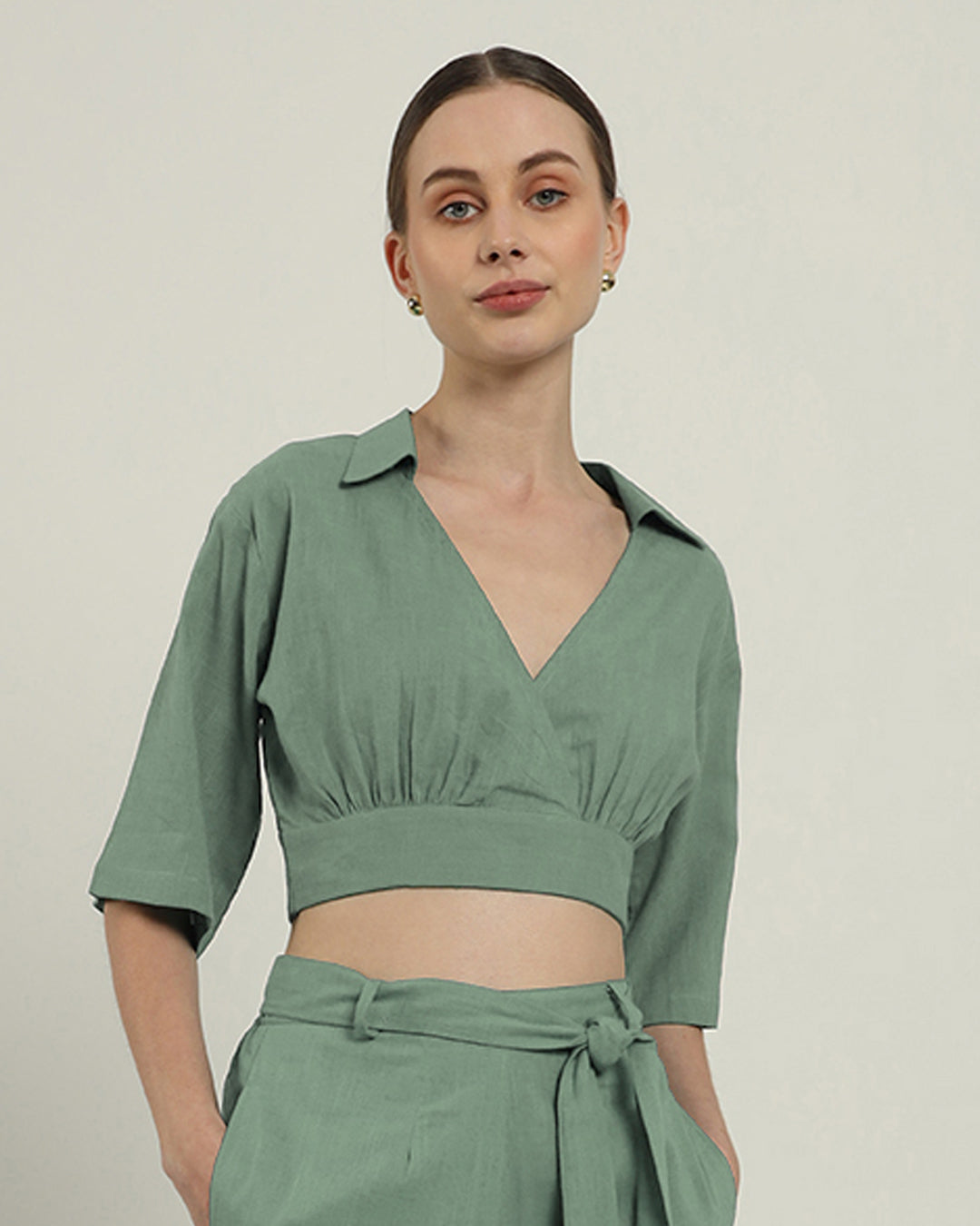 Mint V Graceful Gathers Crop Solid Top (Without Bottoms)