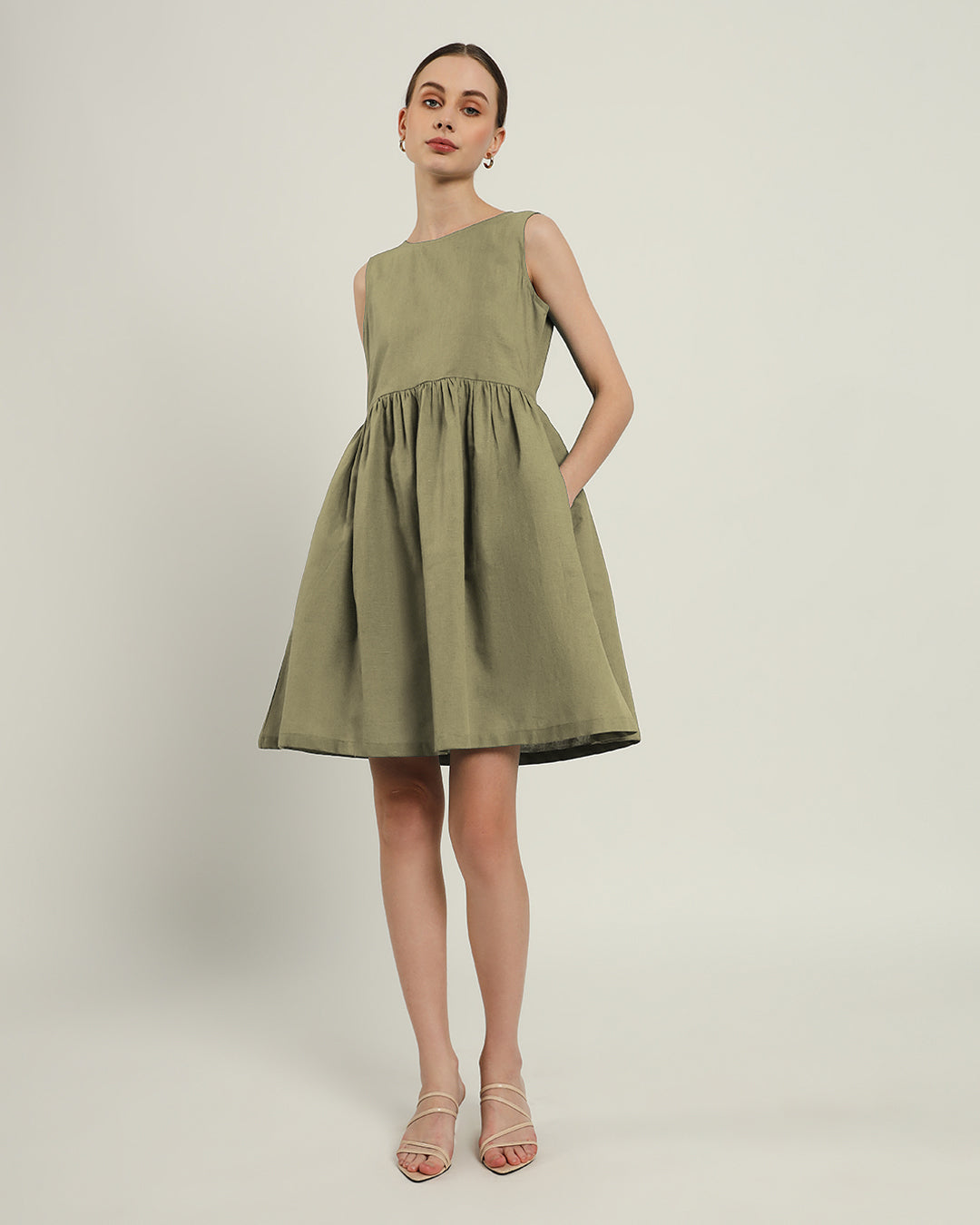 The Chania Daisy Olive Linen Dress