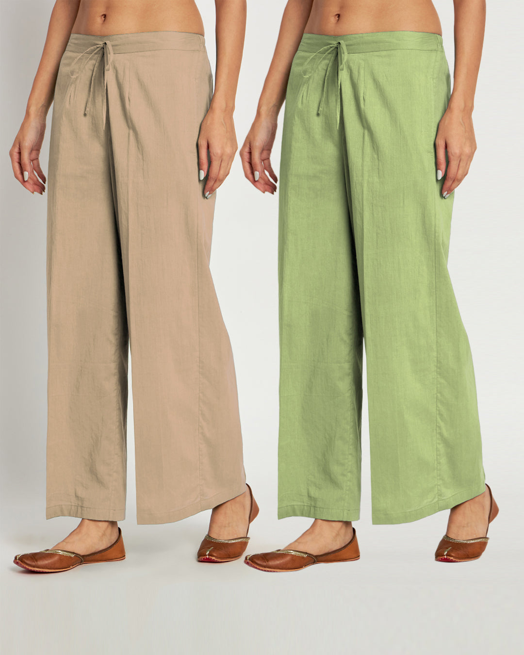 Combo: Beige & Sage Green Wide Pants- Set Of 2