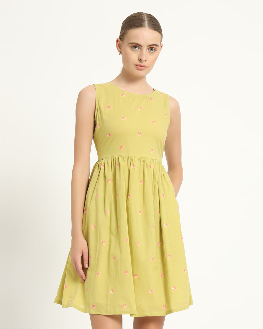 The Chania Lime Cosmos Cotton Dress