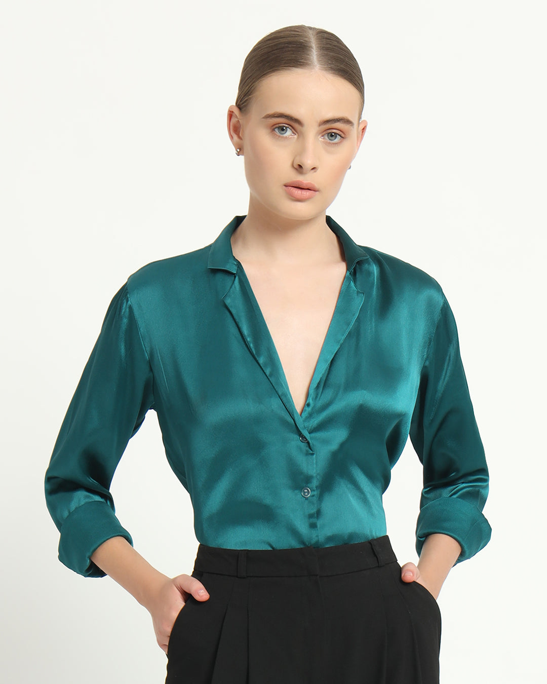 Satin Tailored Collar Deep Teal Shirt