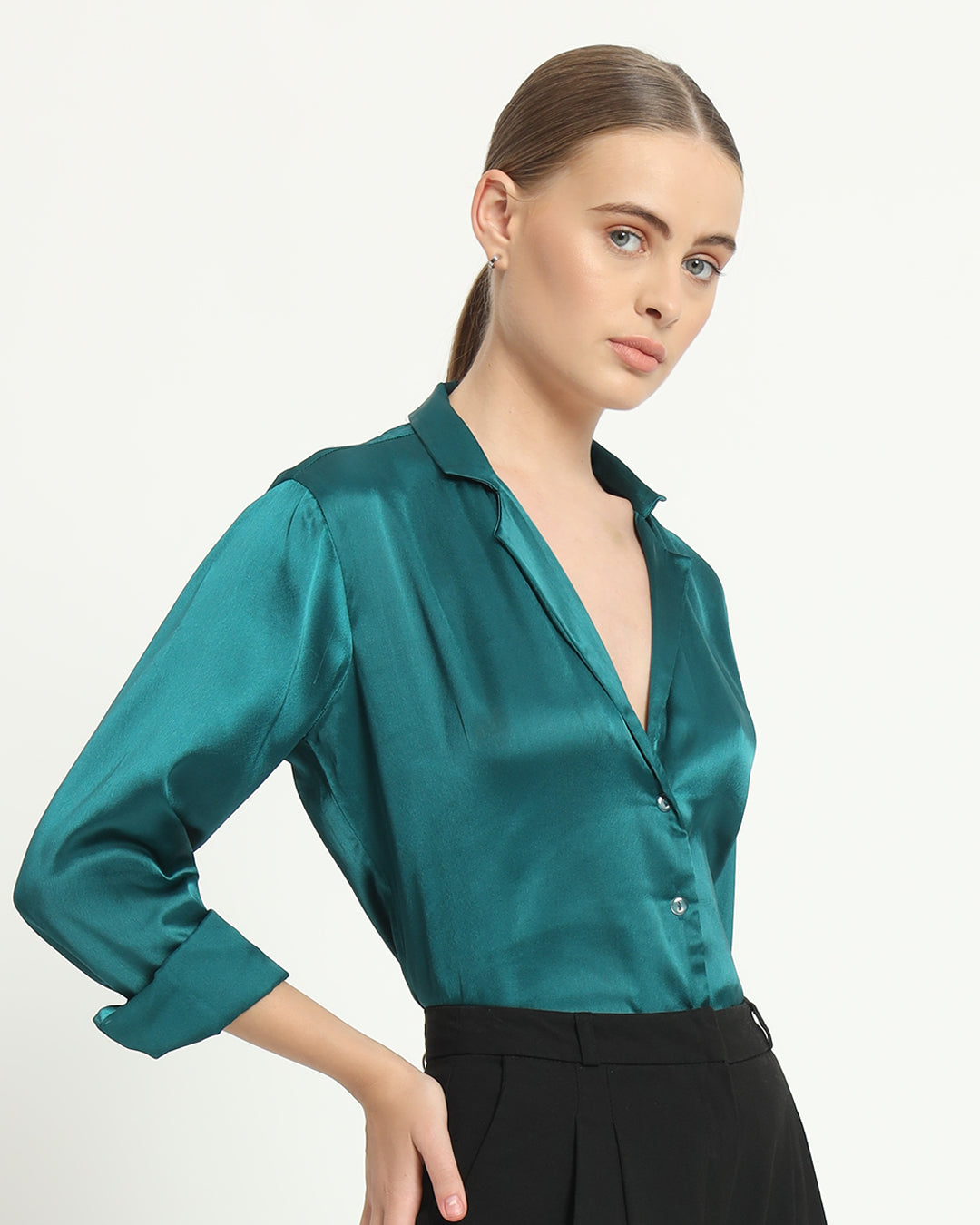 Satin Tailored Collar Deep Teal Shirt