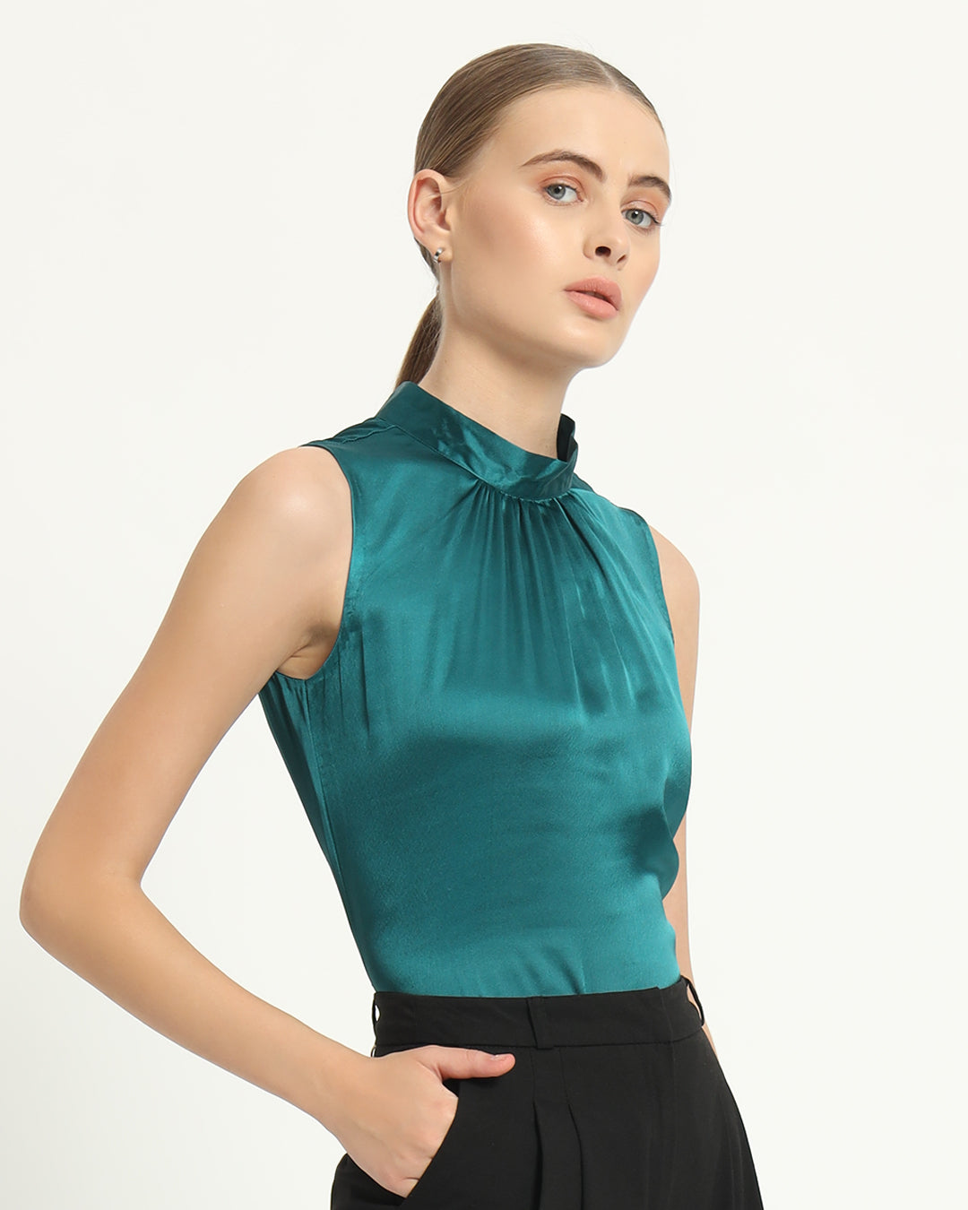 Satin High Collar Deep Teal Top