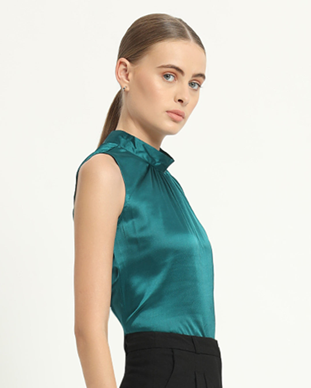 Satin High Collar Deep Teal Top