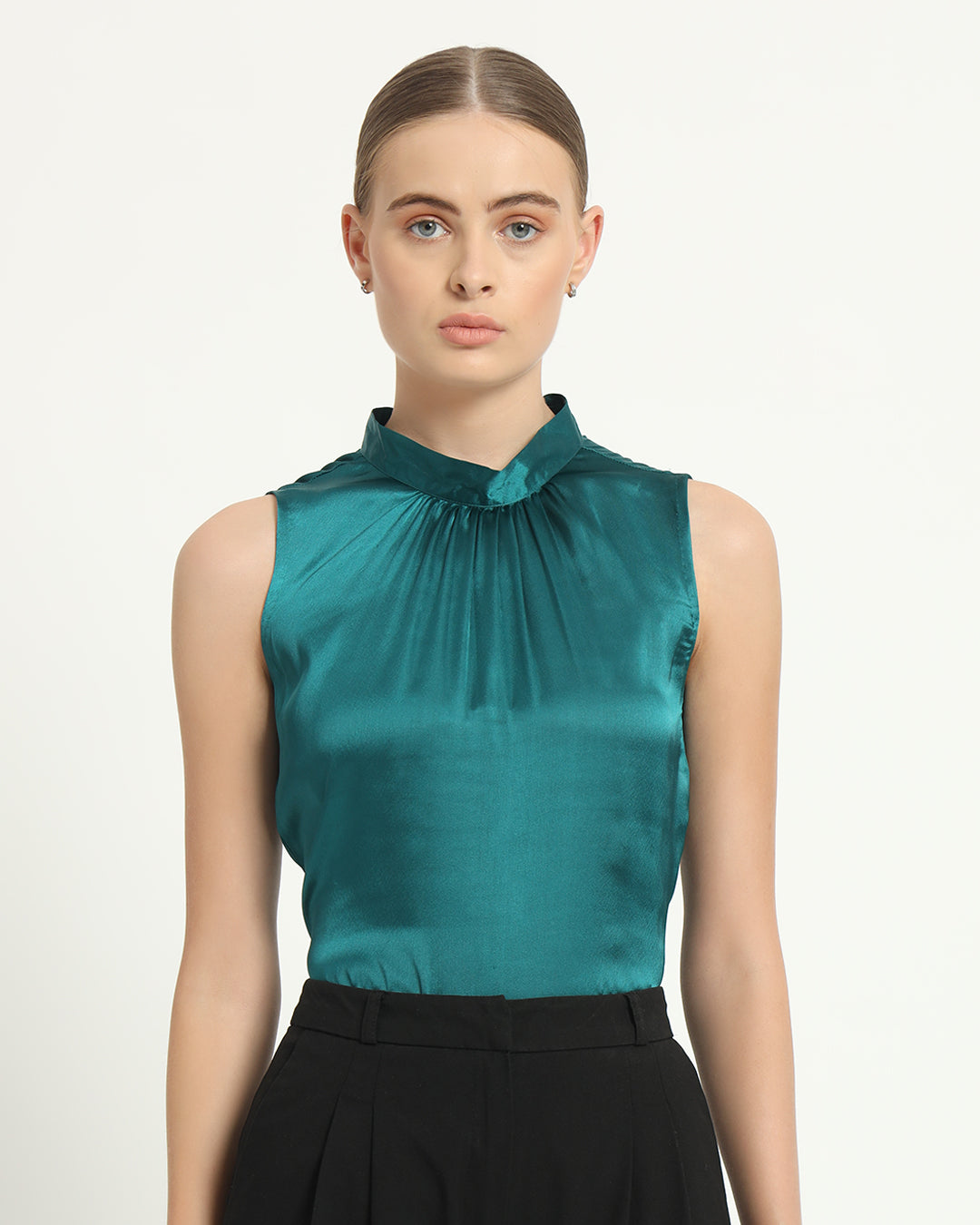 Satin High Collar Deep Teal Top