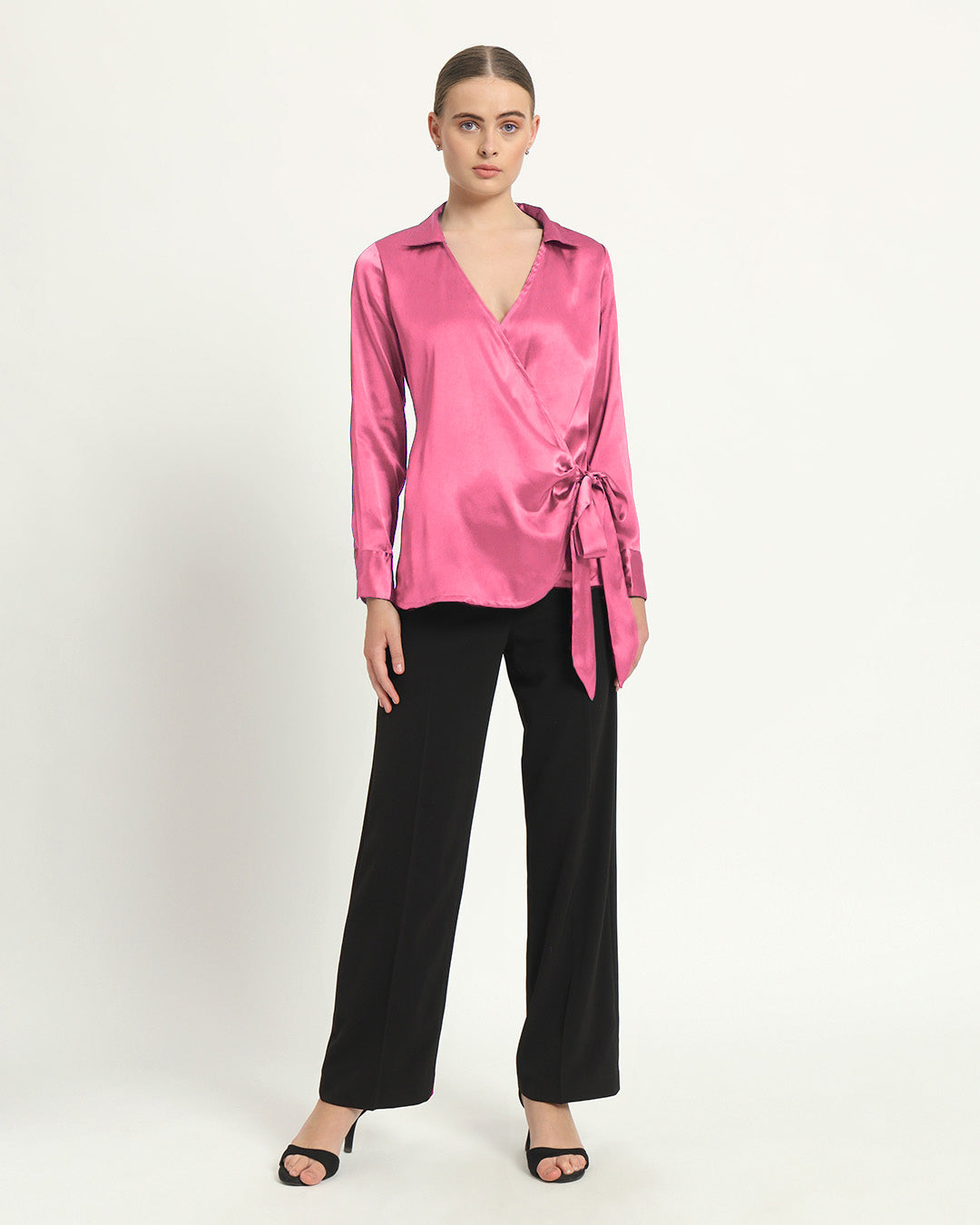 Satin Wrap V Neck French Rose Shirt