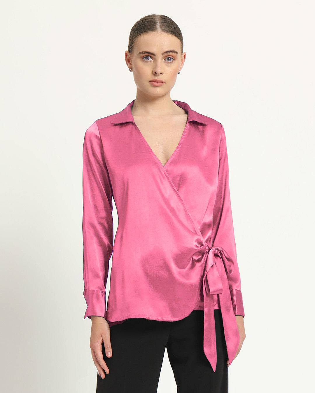 Satin Wrap V Neck French Rose Shirt