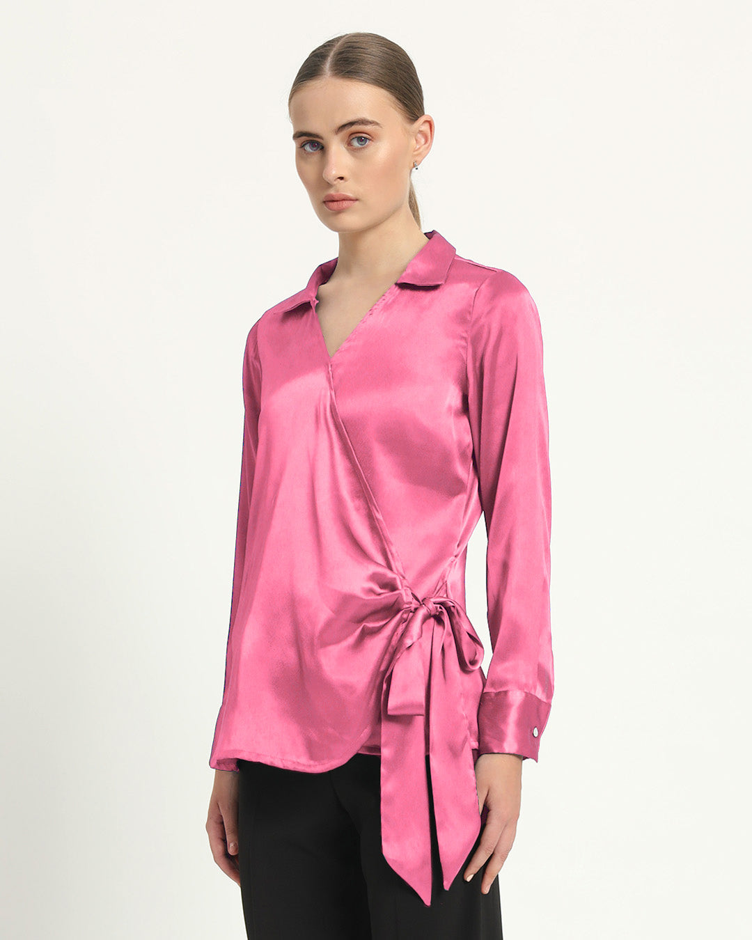 Satin Wrap V Neck French Rose Shirt