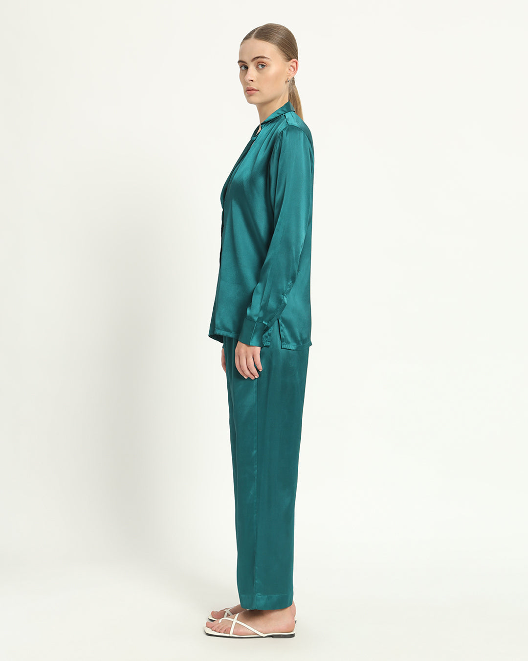 Satin Tailored Button Down Deep Teal PJ Set