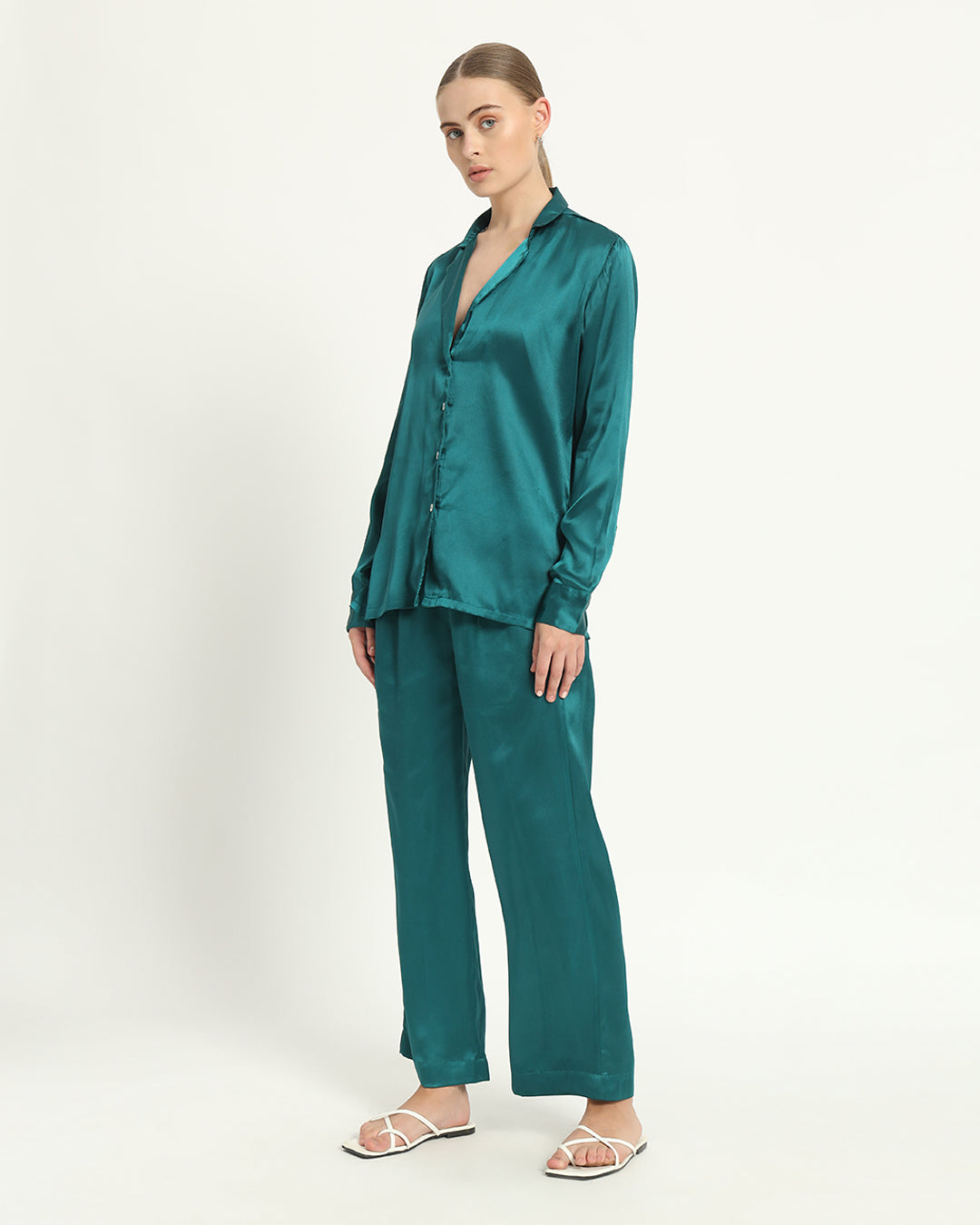 Satin Tailored Button Down Deep Teal PJ Set