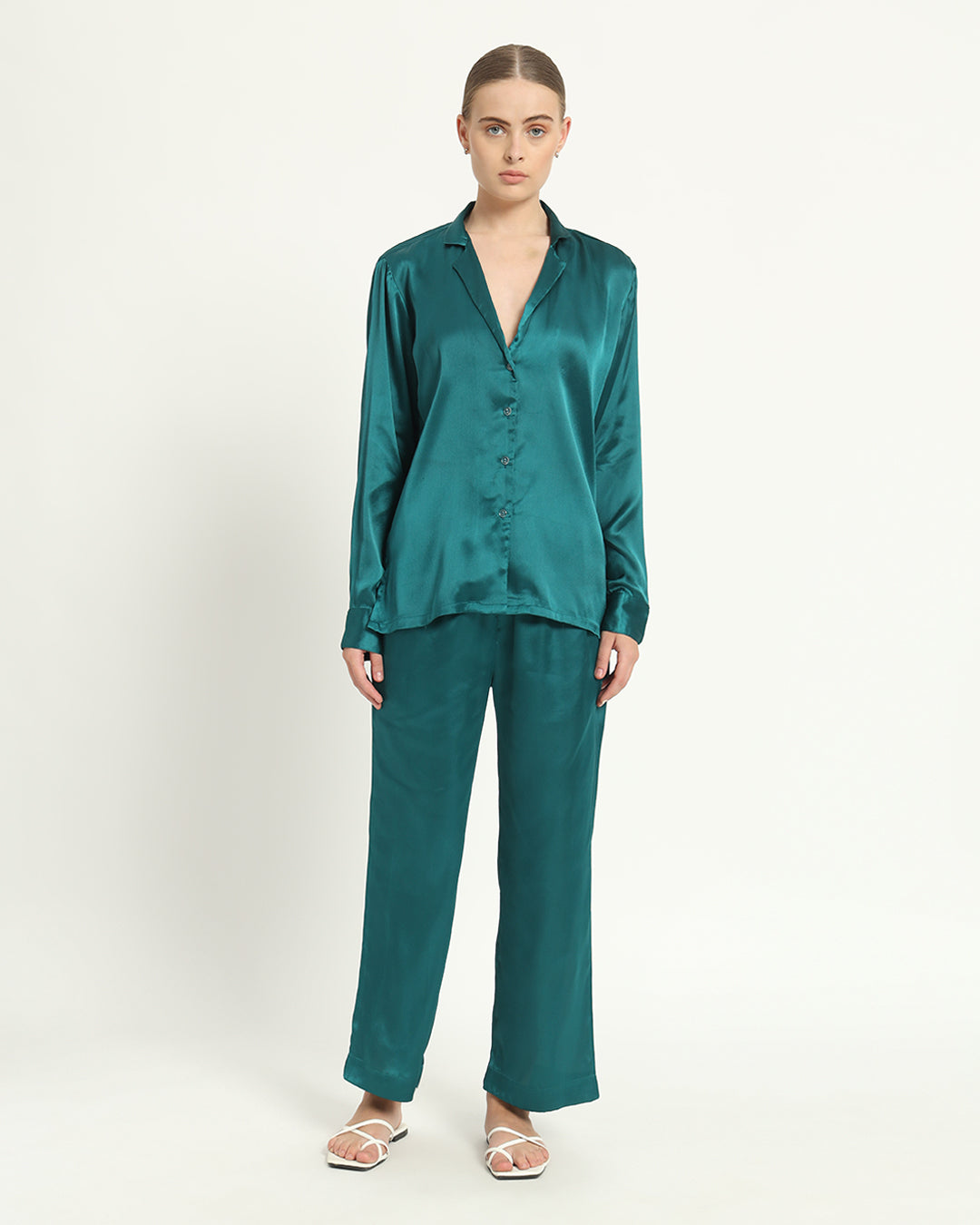 Satin Tailored Button Down Deep Teal PJ Set