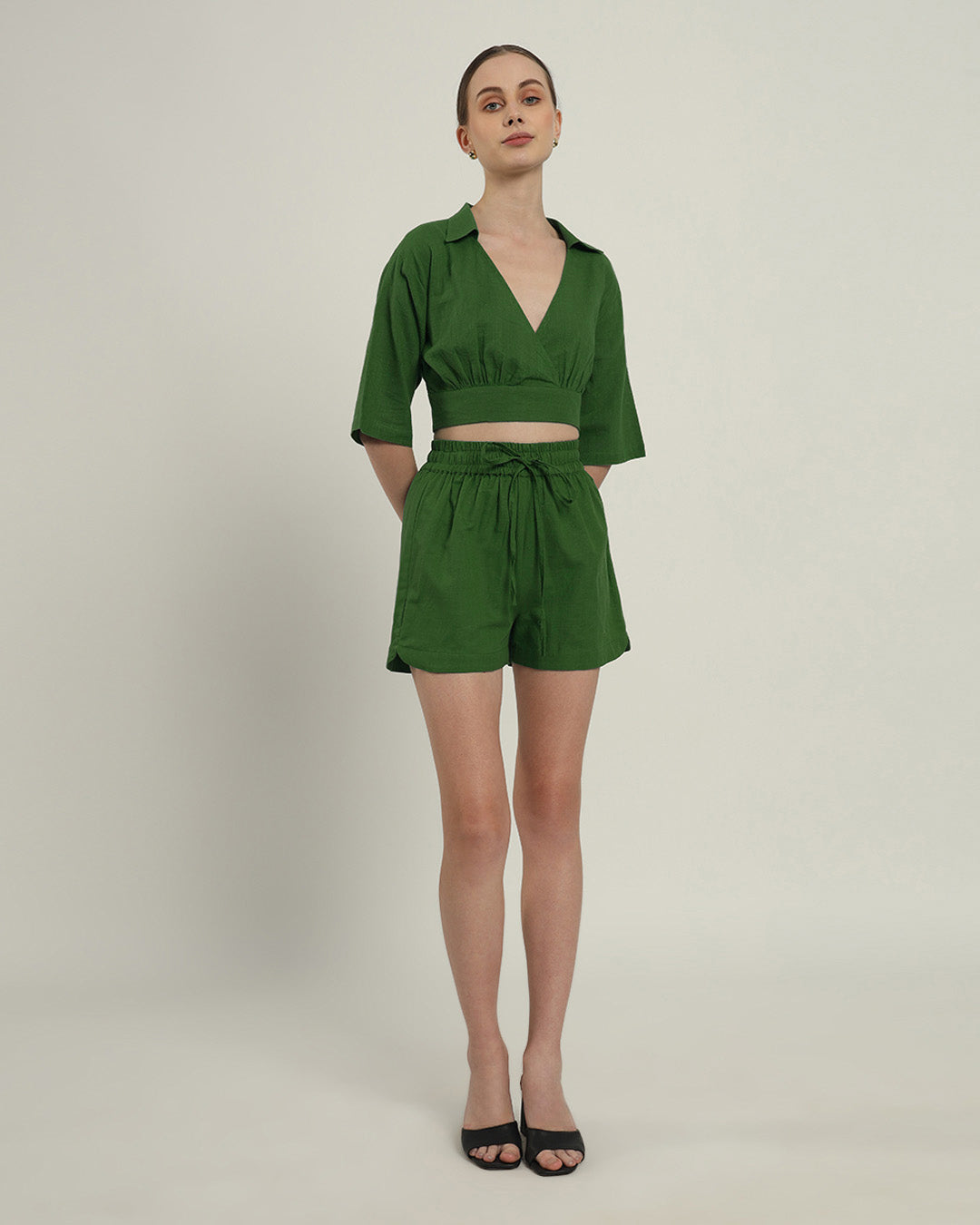 V Graceful Gather Crop Solid Emerald Co-ord Set