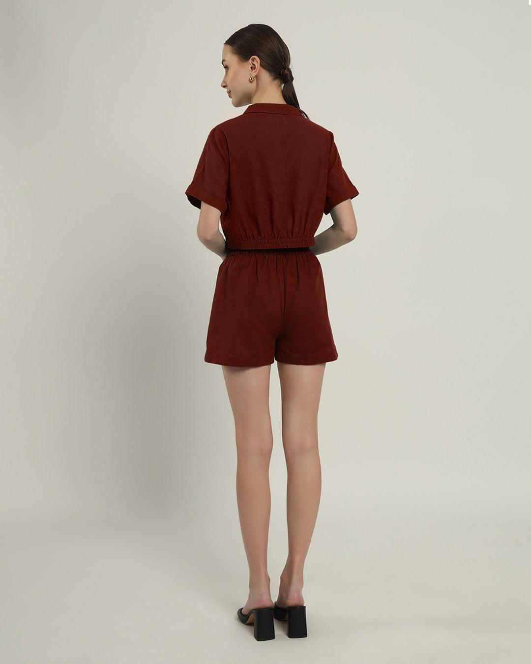 Lapel Collar Solid Rouge Co-ord Set