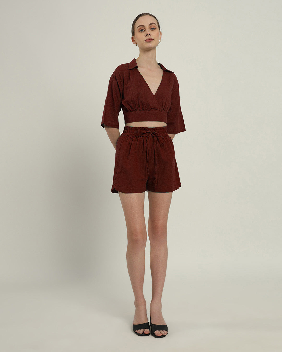 V Graceful Gather Crop Solid Rouge Co-ord Set