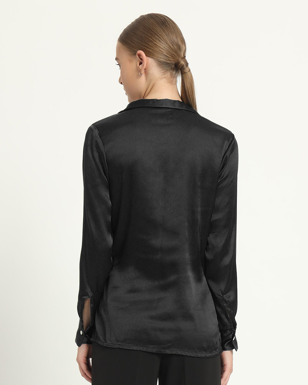 Satin Wrap V Neck Black Shirt