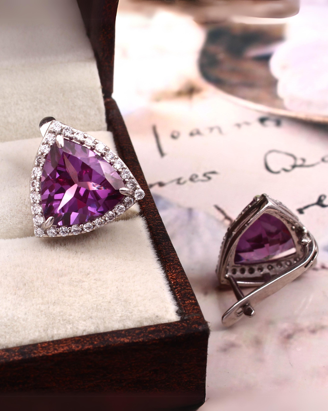 Trillion Halo Earrings in Alexandrite