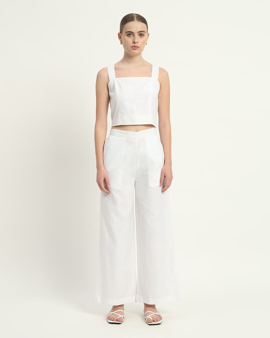 Pants Matching Set White Linen Sleek Square Crop