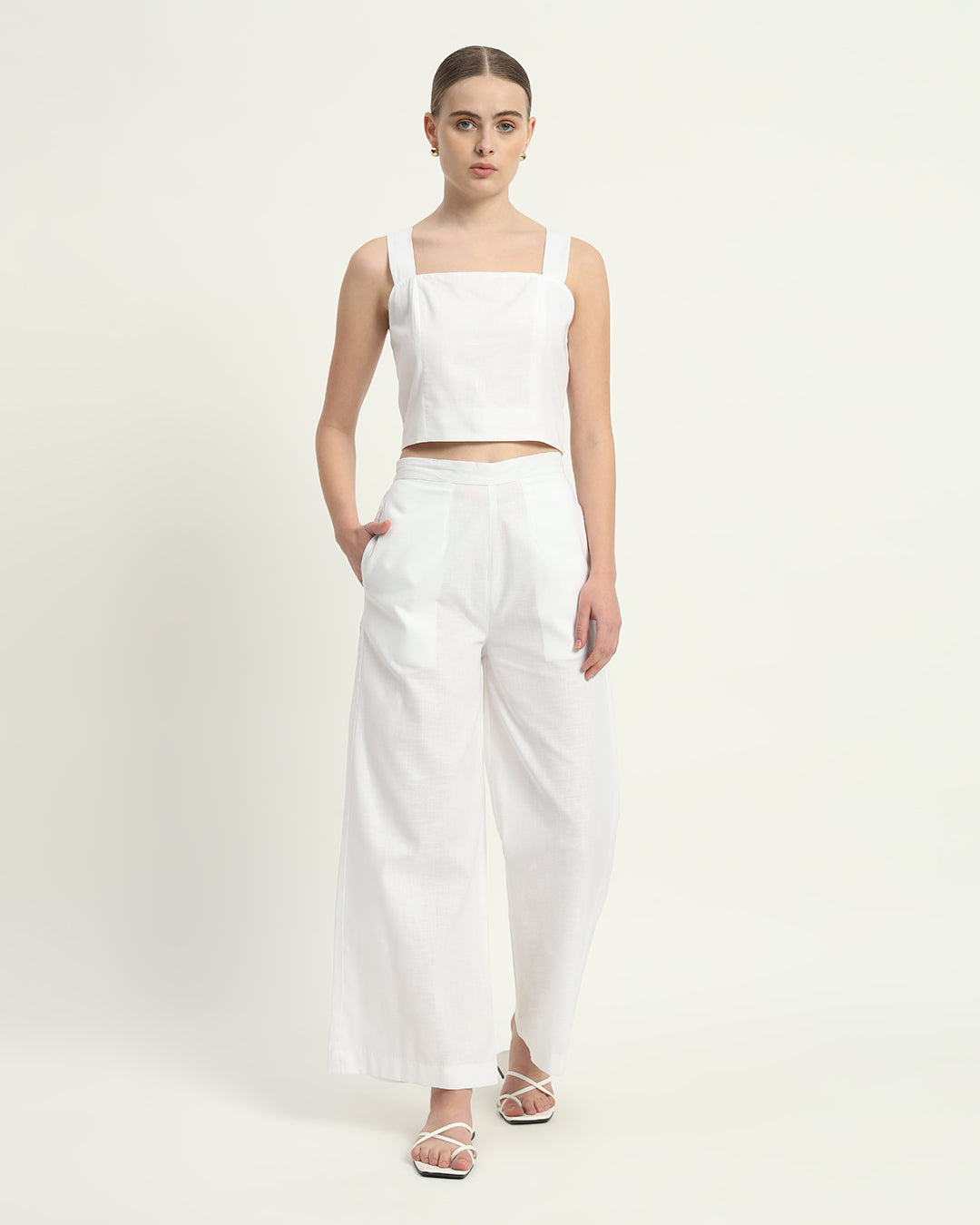 Pants Matching Set White Linen Sleek Square Crop