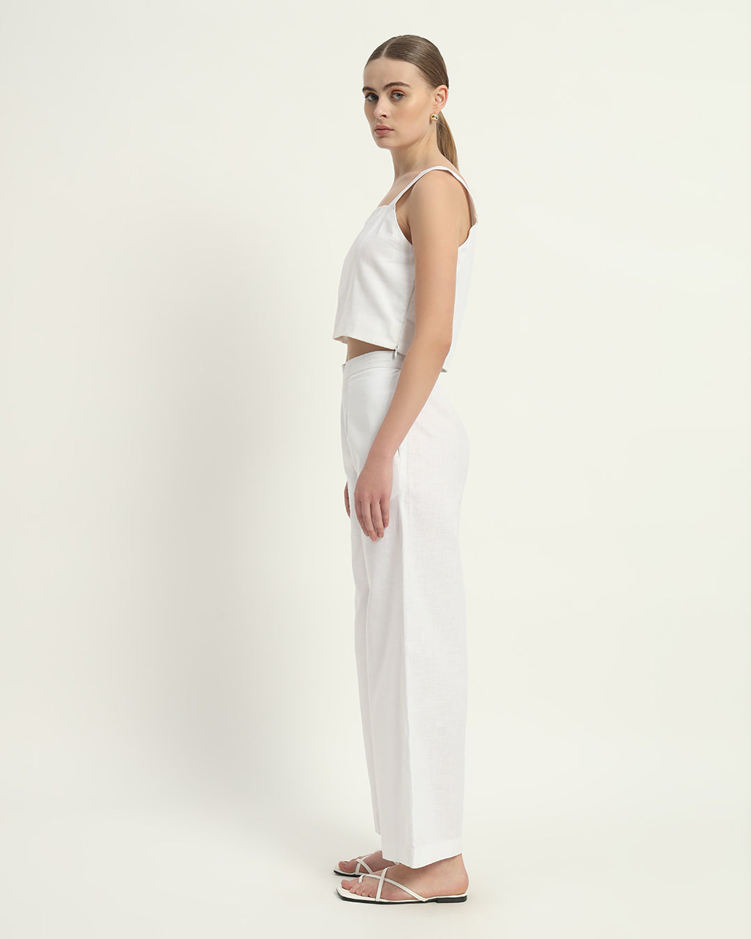 Pants Matching Set White Linen Sleek Square Crop