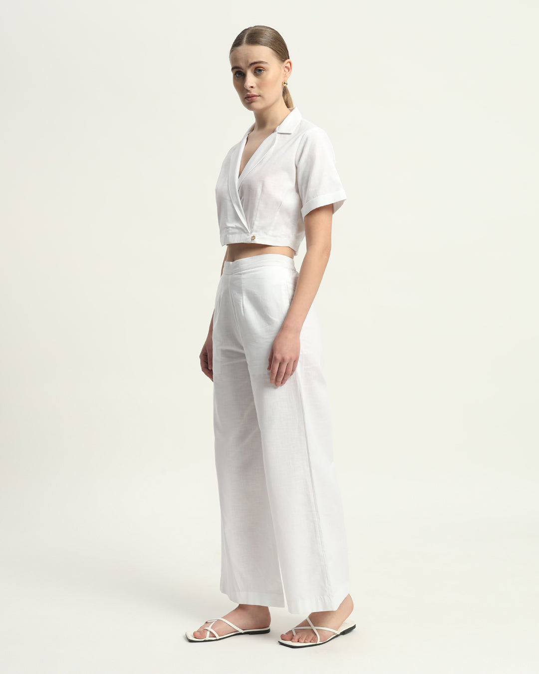 Lapel Collar White Linen Top (Without Bottoms)
