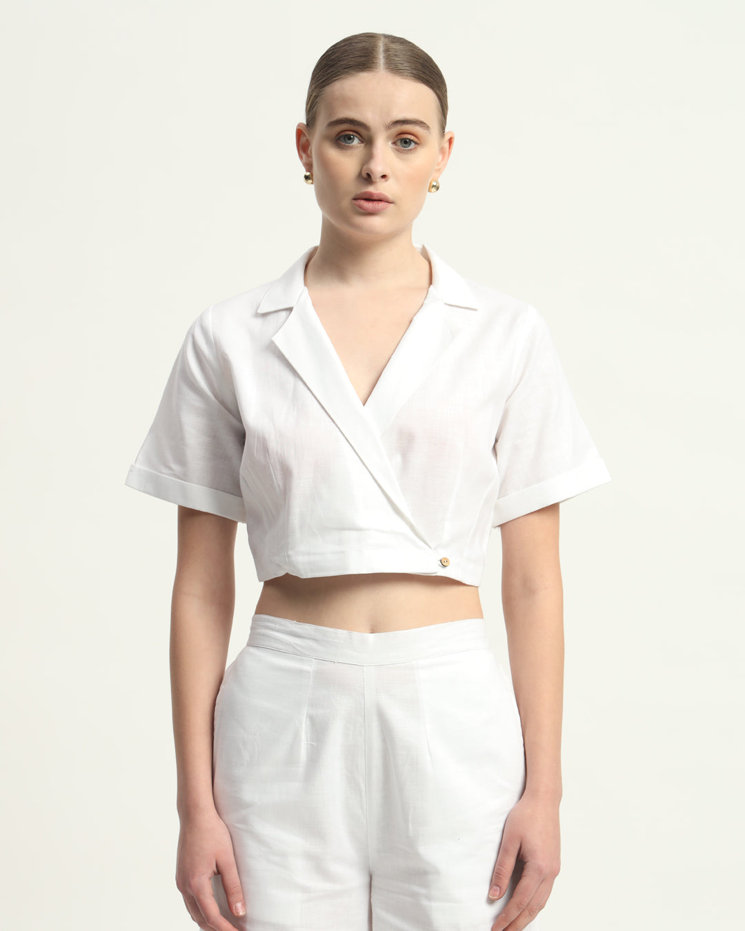 Lapel Collar White Linen Top (Without Bottoms)