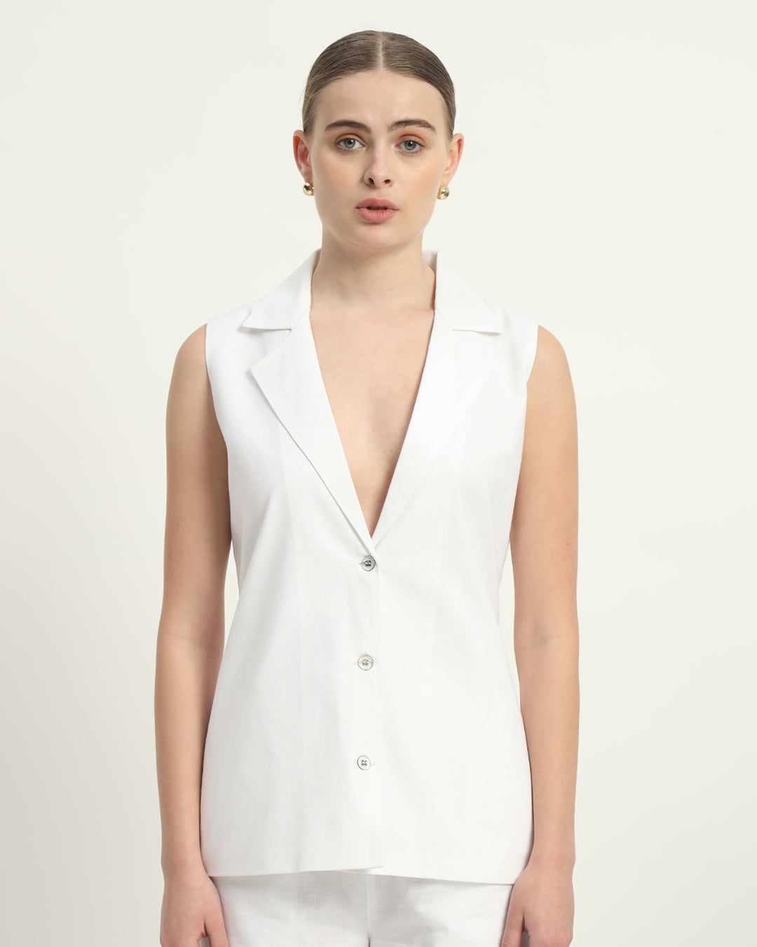 Elegance Echo V-Neck Blazer White Linen Top (Without Bottoms)