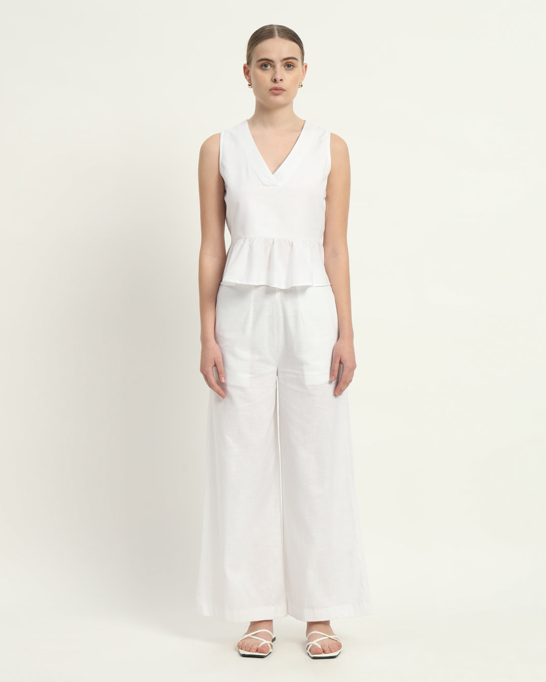 Pants Matching Set White Linen Posh Peplum V Neck