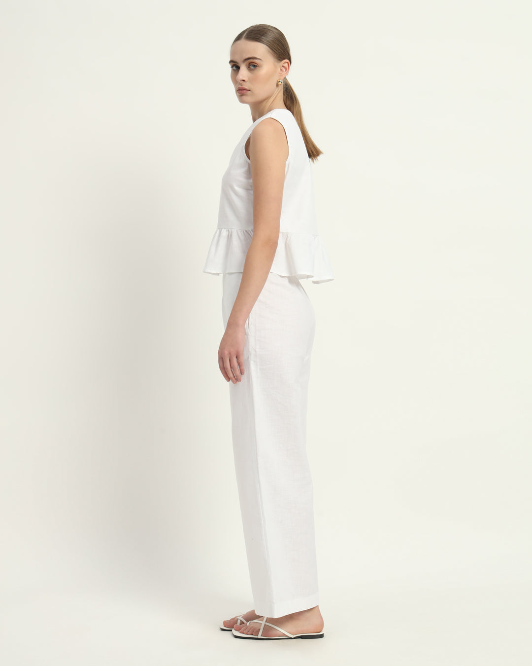 Pants Matching Set White Linen Posh Peplum V Neck