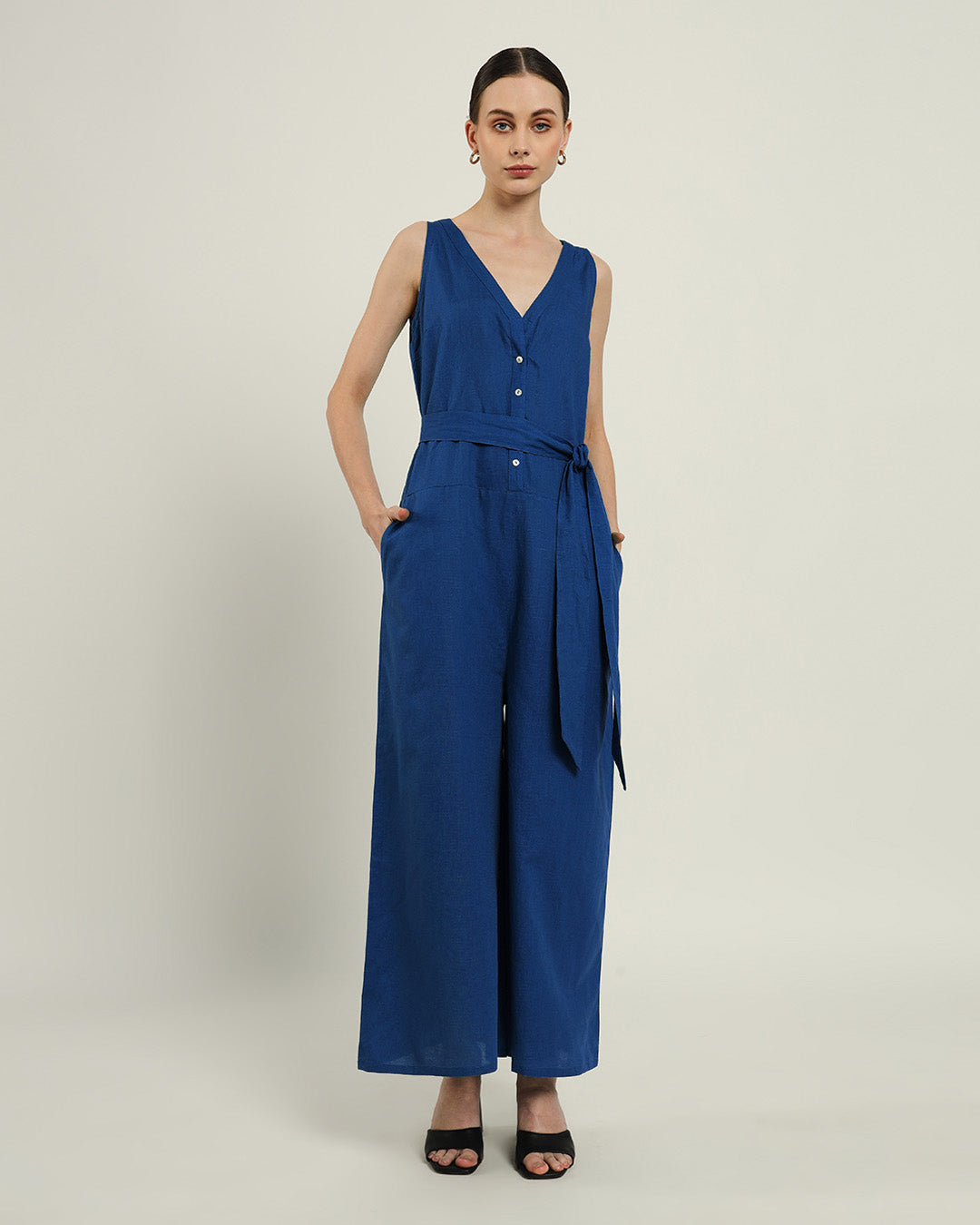 Run The Show V Neck Button Down Cobalt Jumpsuit