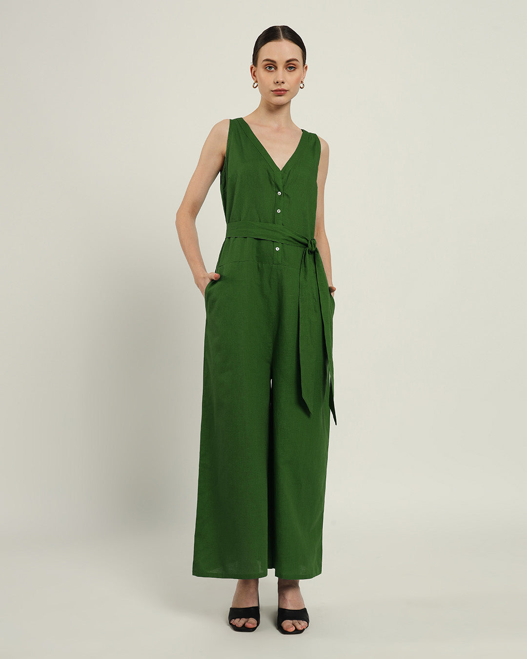 Run The Show V Neck Button Down Emerald Jumpsuit