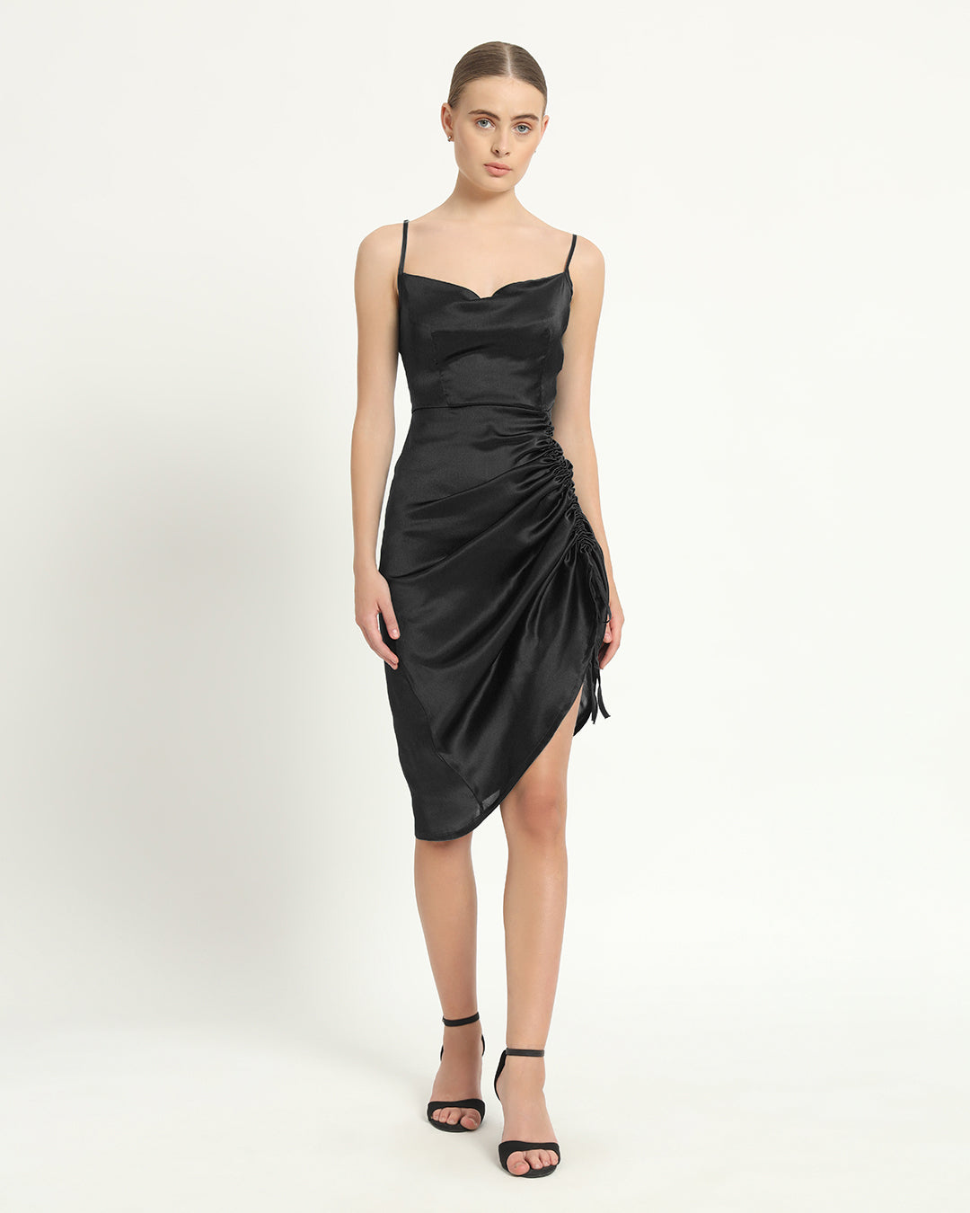 Satin Ruche Asymmetrical Black Dress