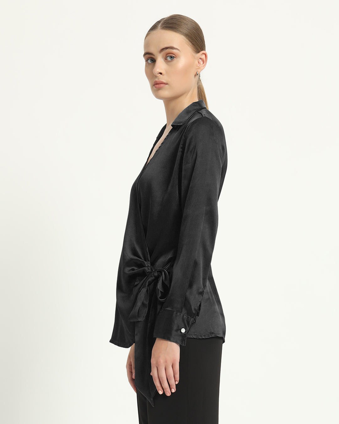 Satin Wrap V Neck Black Shirt