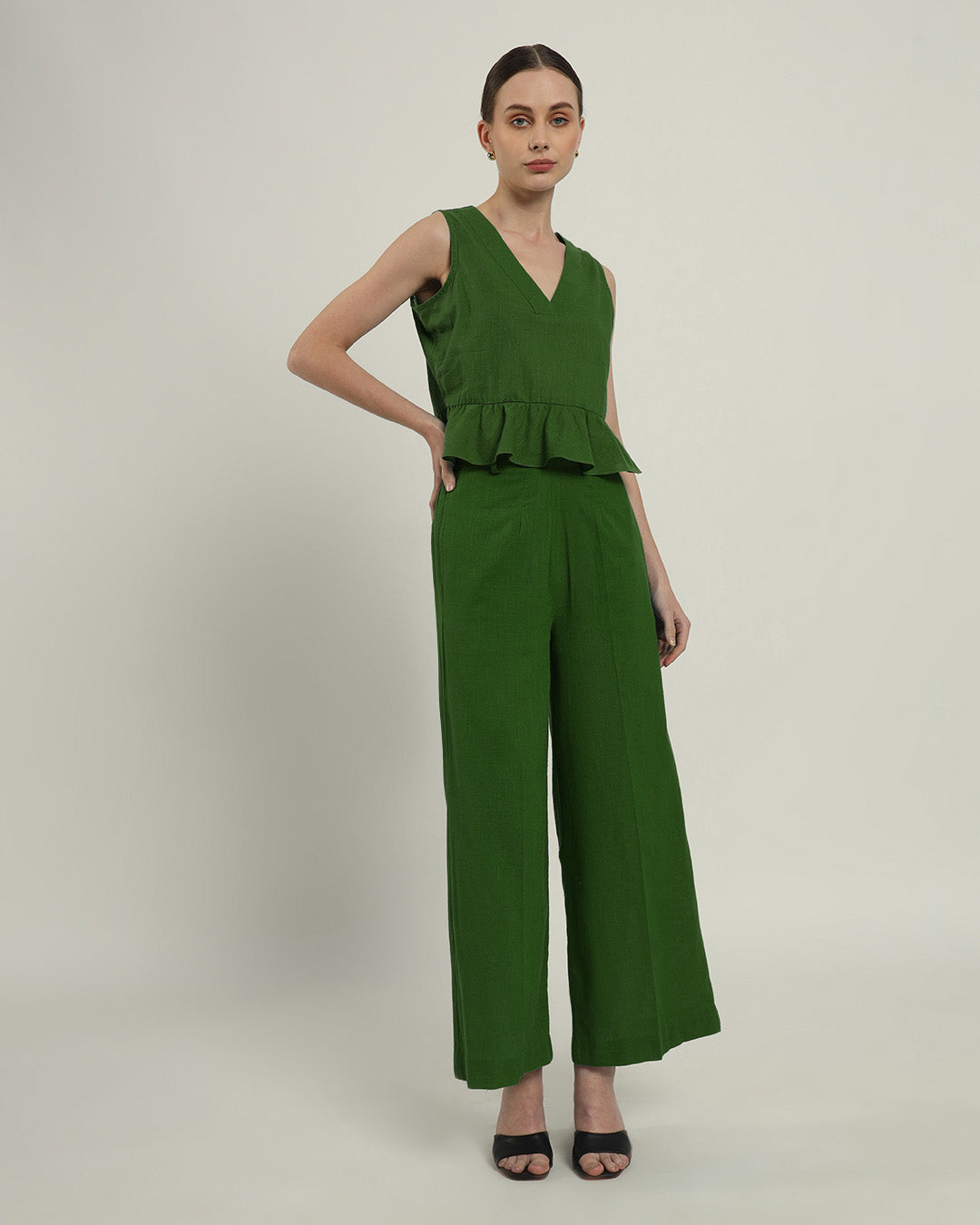 Posh Peplum V Neck Emerald Top (Without Bottoms)