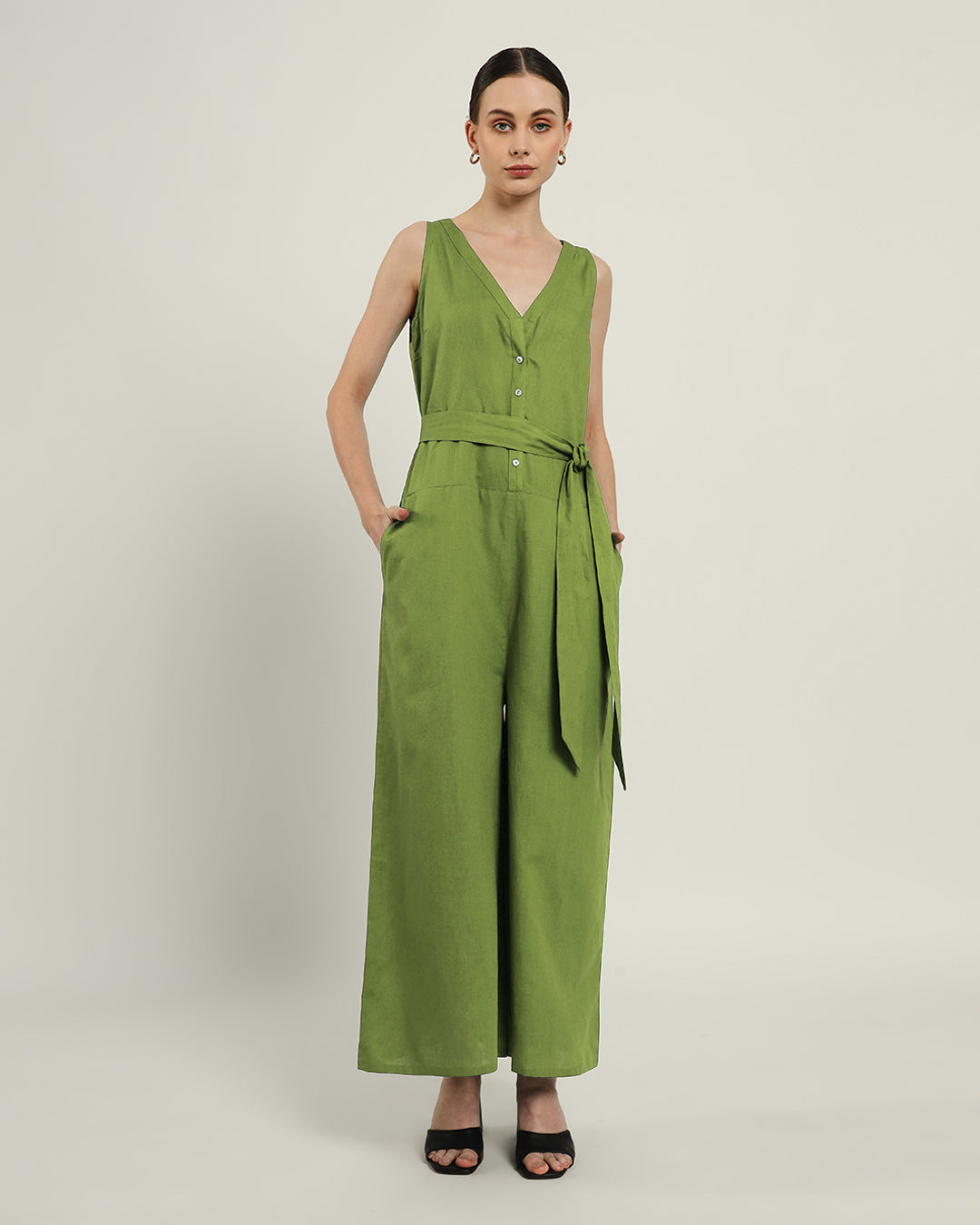 Run The Show V Neck Button Down Fern Jumpsuit