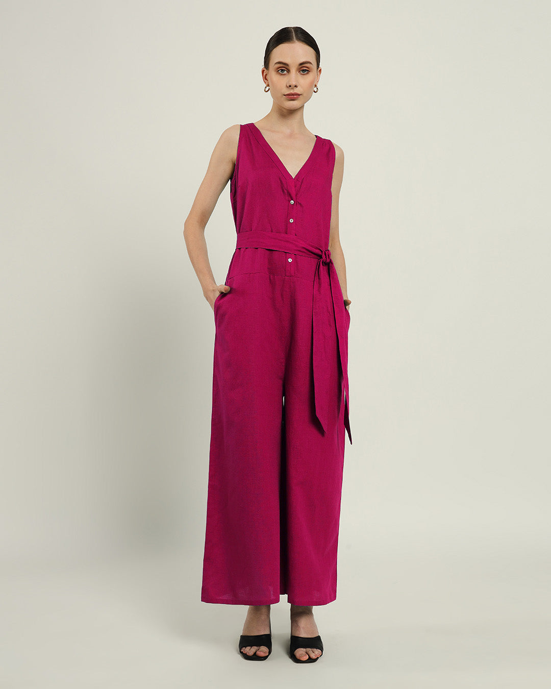 Run The Show V Neck Button Down Berry Jumpsuit