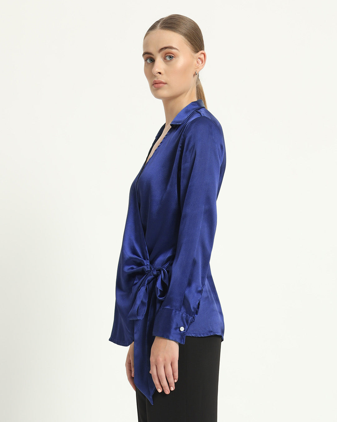 Satin Wrap V Neck Lapis Purple Shirt