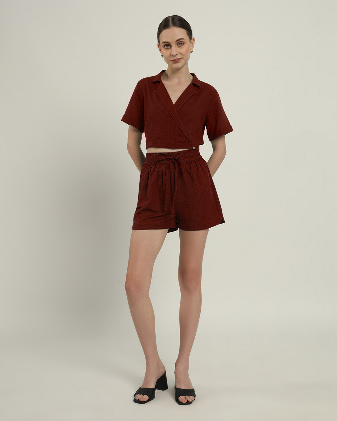 Lapel Collar Solid Rouge Co-ord Set