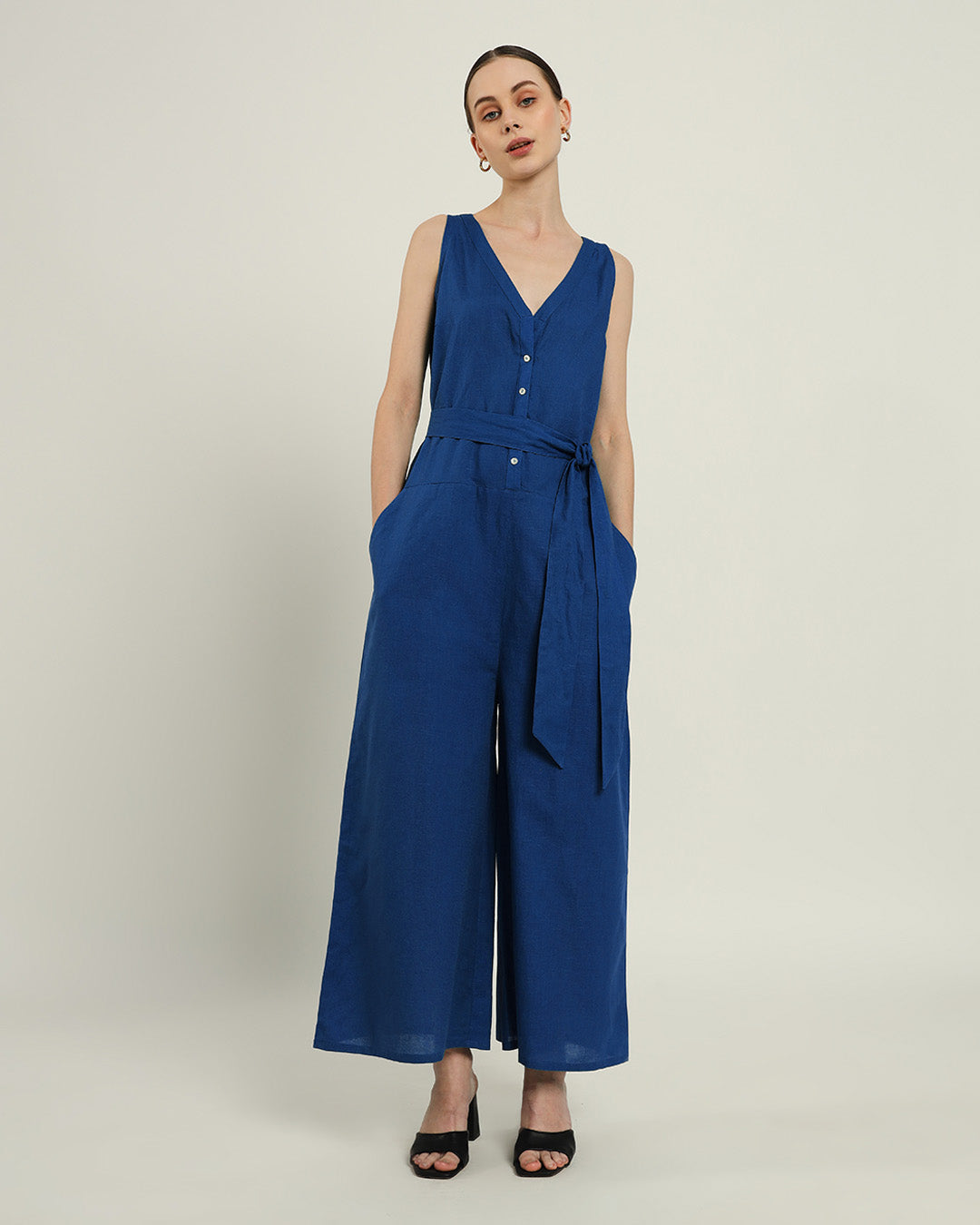 Run The Show V Neck Button Down Cobalt Jumpsuit