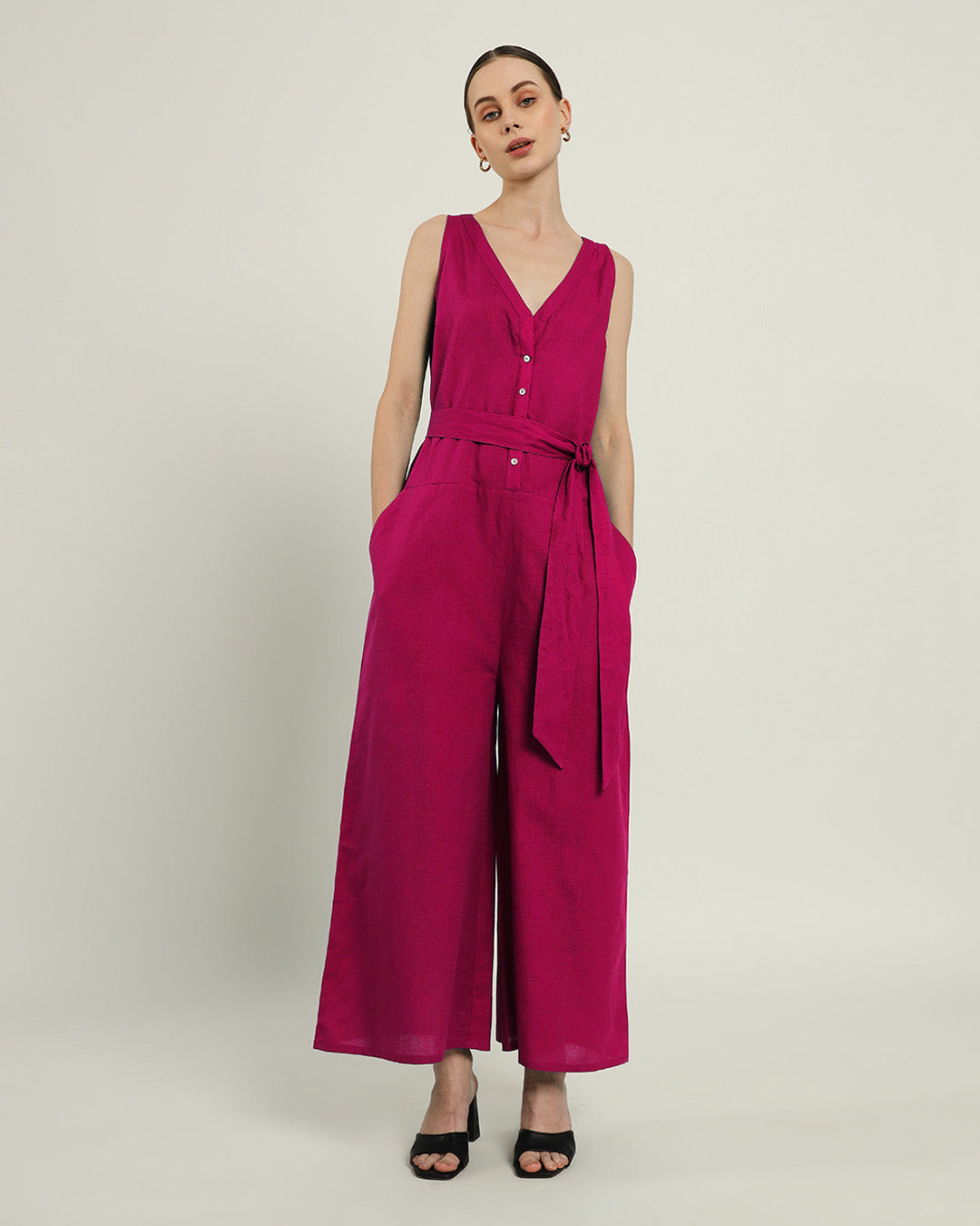 Run The Show V Neck Button Down Berry Jumpsuit