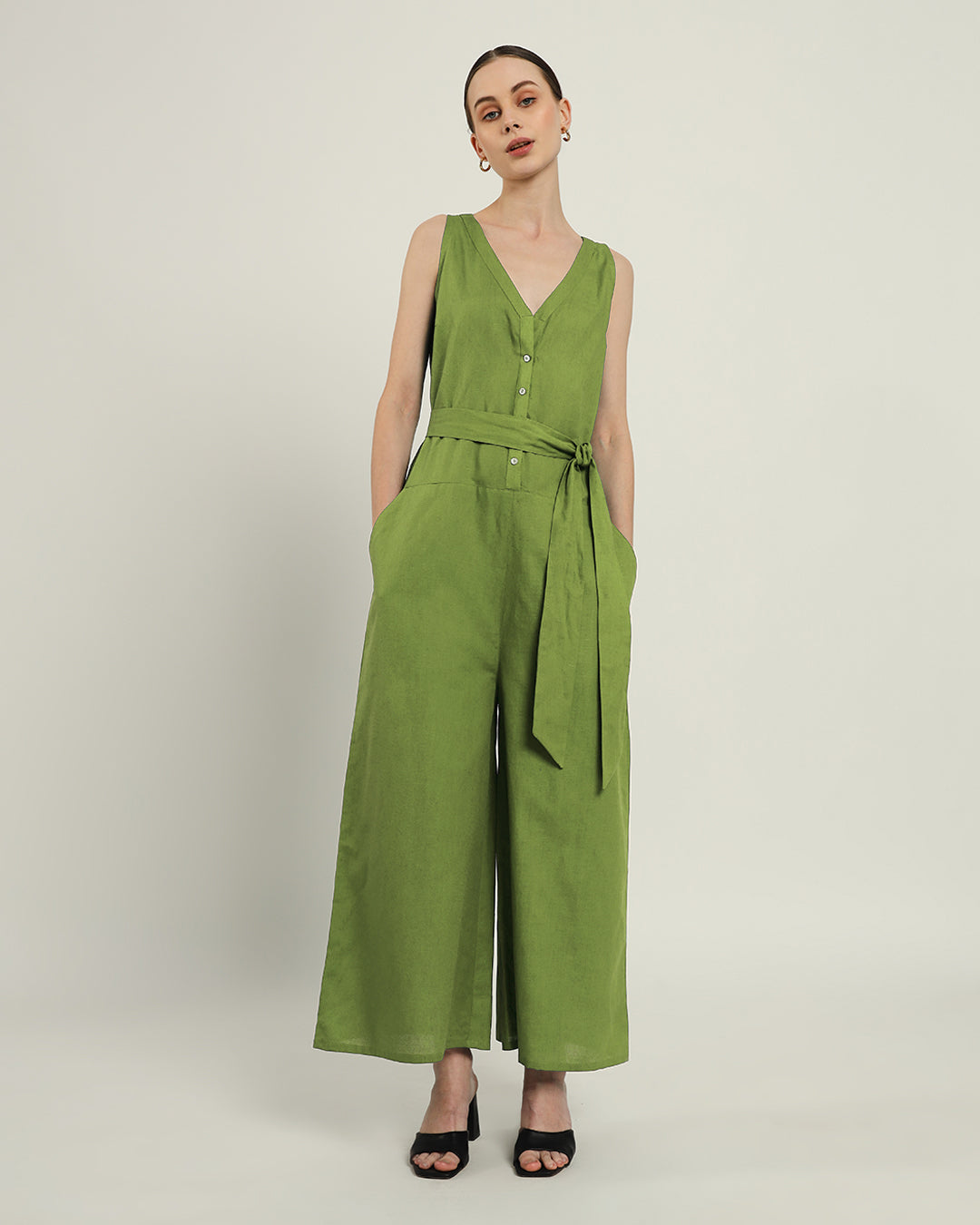 Run The Show V Neck Button Down Fern Jumpsuit