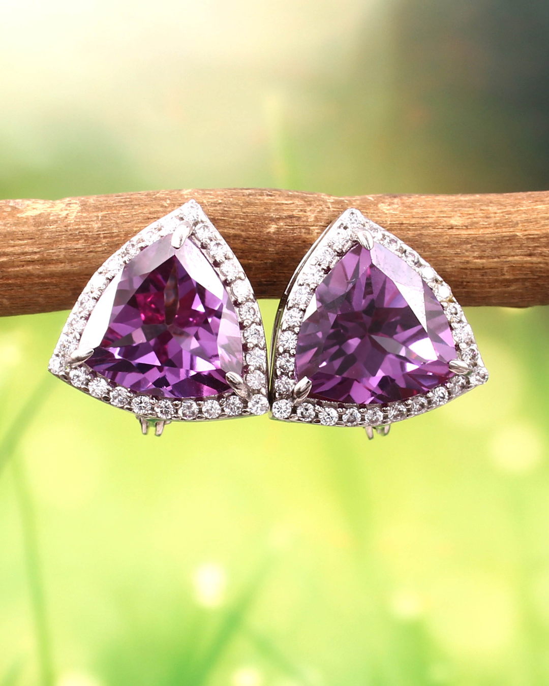 Trillion Halo Earrings in Alexandrite