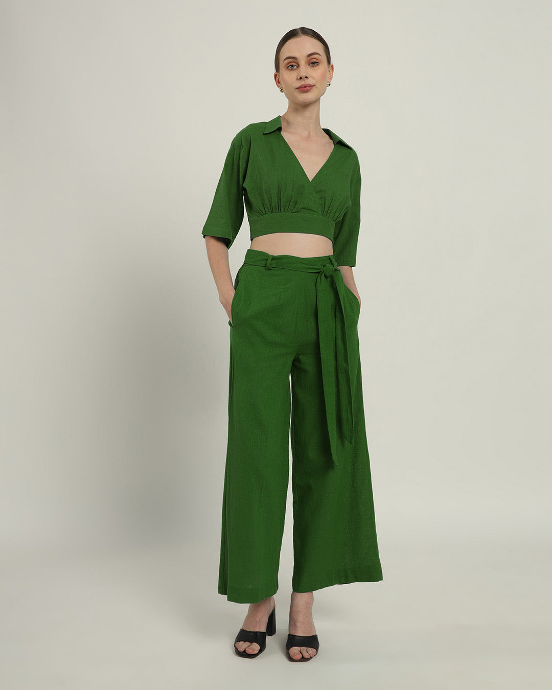 V Graceful Gathers Crop Solid Emerald Top (Without Bottoms)