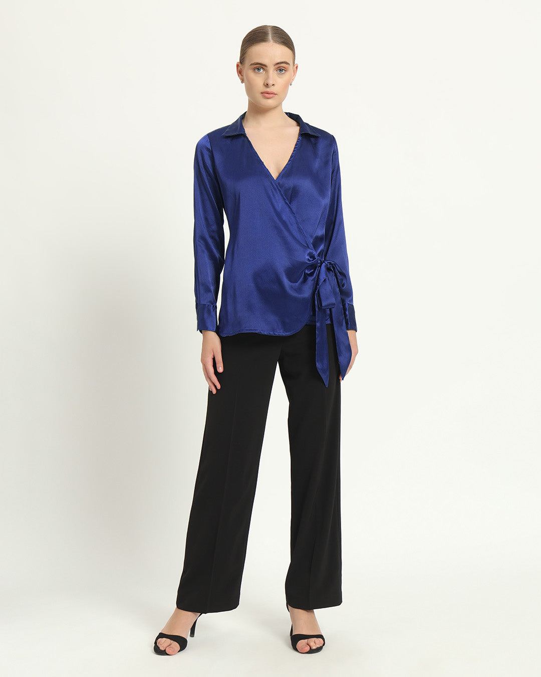 Satin Wrap V Neck Lapis Purple Shirt